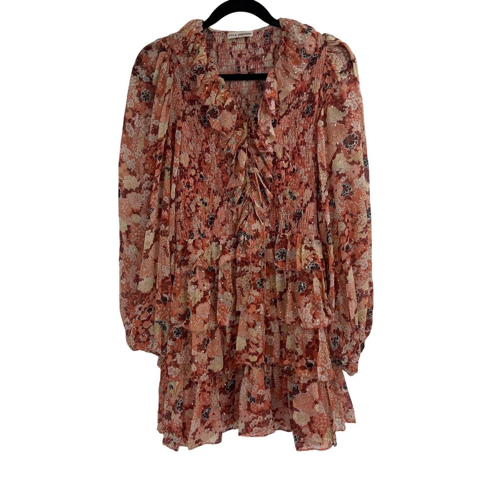 Ulla Johnson Tamara Dress Orange Floral Smocked Tiered Silk Mini Dress Size 8